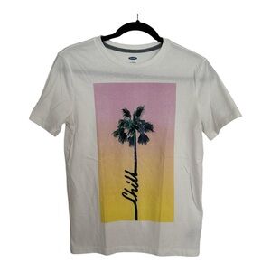 Old Navy Pink and White Short Sleeve Tee with Palm Tree Design